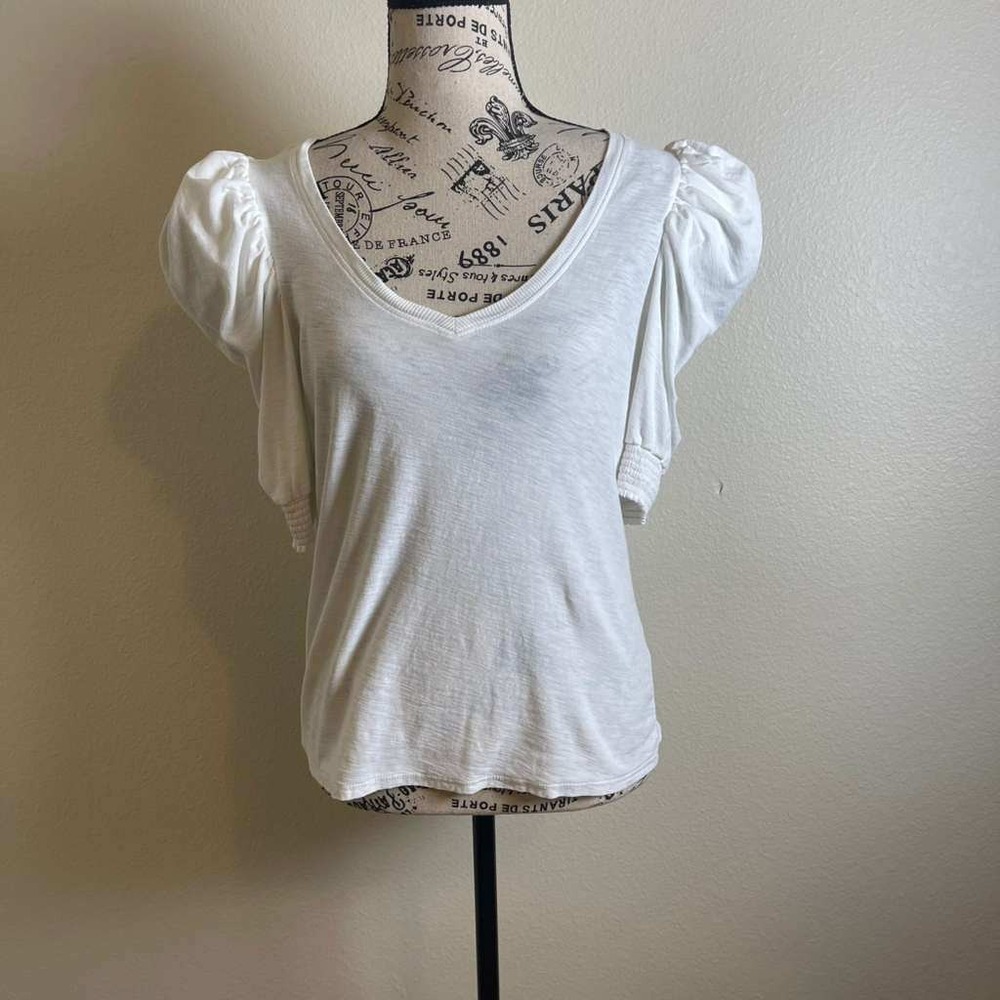 Nation LTD Womens White Pima Cotton Puff Sleeve V-Neck Tee Shirt Size S 3117
